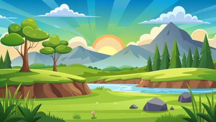 Obraz premium Vector art of a breathtaking cartoon landscape at sunrise features a river, mountains, and rolling hills bathed in warm, golden light