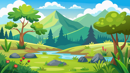 Naklejka premium Vector art of an idyllic cartoon scene of a winding river through green hills, with prominent mountains and trees under a bright, cloudfilled sky