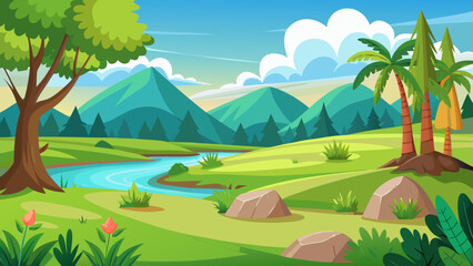 Naklejka premium Vector art of a charming cartoon landscape captures a gentle river flowing through grassy hills towards distant, colorful mountains under a blue sky