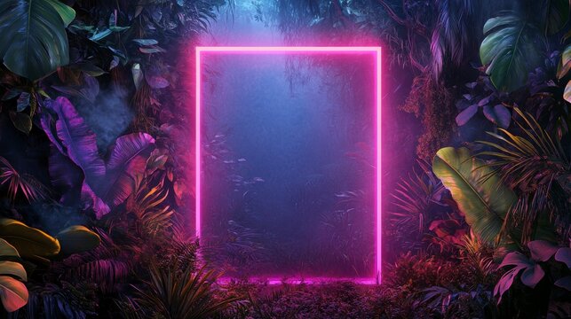 Glowing pink neon frame in a mystical jungle setting with lush foliage and atmospheric lighting. - Powered by Adobe