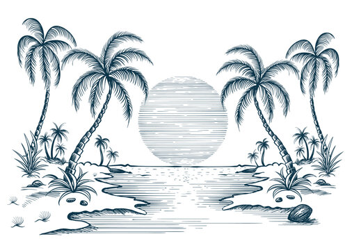 Hand Drawing beach illustration in vector. sunset beach art. penc sketch palm tree graphics. beach illustration drawing. tropical palm tree paradise. summer beach t shirt design. summer poster design.