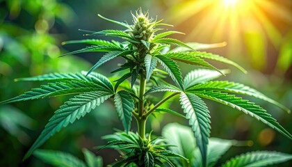 Vibrant Green Cannabis Plant Growing Under Sunlight in Nature