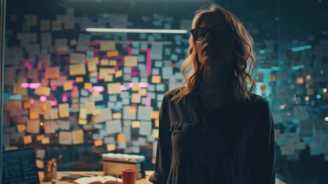 A female team leader standing front glass wall glowing mind maps notes, late night office setting, laptop open table her neon glass, brainstorming alone lights, dynamic creative chaos, cinematic tone
