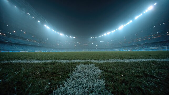 Night stadium scene; bright floodlights illuminate a dark, empty soccer field, with center circle faintly visible; hazy atmosphere