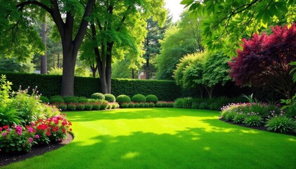 Serene backyard oasis featuring lush green lawn, vibrant flowerbeds, and mature trees providing ample shade  Perfect for relaxation and outdoor enjoyment ,  pathway,  greenery,  deck