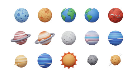 A collection of colorful, stylized 3D illustrations of various planets and the sun, isolated on white.