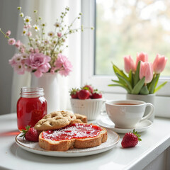 breakfast with coffee, bread, strawberry and cookies