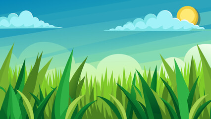 Fototapeta premium Vector art of lush green grass sways gently under a bright blue sky with fluffy white clouds and a warm sun