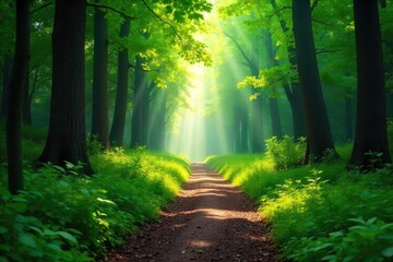 Obraz premium Serene path meanders through lush greenery, sunlight dappling the leaves, creating a magical forest trail Perfect for hiking, nature, and peaceful escape imagery , sunlight, trees