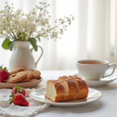 breakfast with coffee, bread, strawberry and cookies