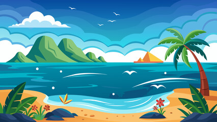 Fototapeta premium Vector art of a picturesque tropical beach scene with turquoise waters, green mountains, and a lone palm tree under a clear sky