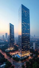 Obraz premium Sleek modern glass office buildings dominate the city skyline, reflecting the vibrant metropolis below A stunning example of urban architecture and design , grey, corporate, district