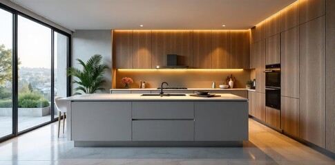 Sleek, modern kitchen with uniquely shaped island, featuring integrated appliances and ample counter space  Perfect for contemporary home design inspiration ,  cooking,  stainless steel,  luxury