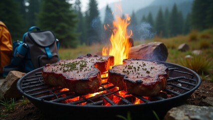 Barbecue Features Sizzling Steaks on a Grill with Flaming Charcoal and Open Fire Ready for Product Display