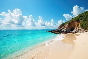 Fototapeta premium Stunning panoramic view of the Atlantic Ocean from a scenic waterfront Crystal clear water meets the sandy shore under a vibrant sky Perfect for travel, coastal, and nature themes , resort, travel