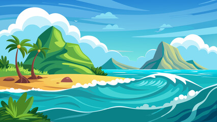 Vector art of a serene tropical beach with palm trees, turquoise waves crashing on the shore, and lush green islands under a clear blue sky