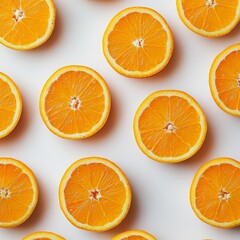 Fototapeta premium sliced oranges arranged in a pattern on a white background, showcasing vibrant orange color and juicy texture.