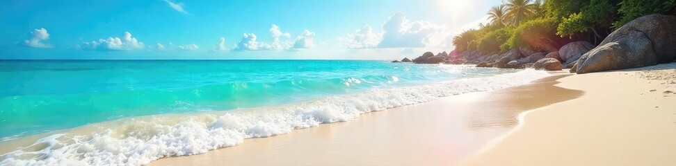 Sun-drenched beach scene with turquoise water lapping gently at the shore, sparkling under a clear summer sky Perfect for travel, vacation, and summer themes , tropical, idyllic