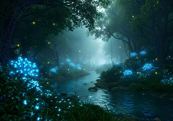 Fototapeta premium A serene river in a magical forest illuminated by glowing blue flora and fireflies