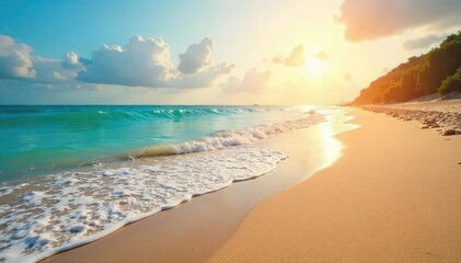 Obraz premium Sun-kissed sand, gentle waves lapping the shore, a tranquil beach scene perfect for relaxation and escape Ideal for travel, summer, vacation, and coastal themes , shore, calm