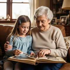 Grandmother and Granddaughter Looking at Family Album on Couch at Home