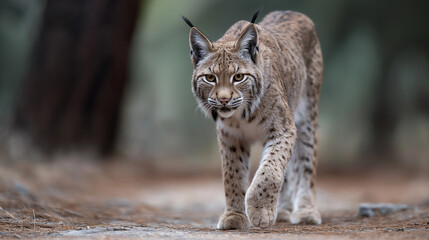 Obraz premium Eurasian Lynx Walking in Forest Close Up Portrait