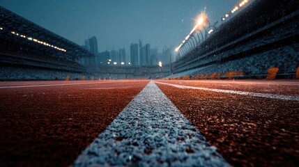 Snow-covered running track at a stadium, city skyline blurred in background under a dark, snowy sky