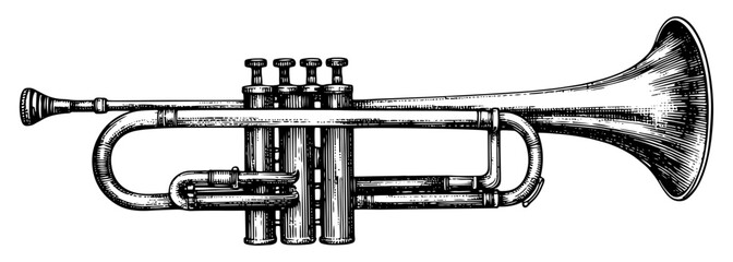 Vintage cornet musical instrument in a black and white detailed engraving style