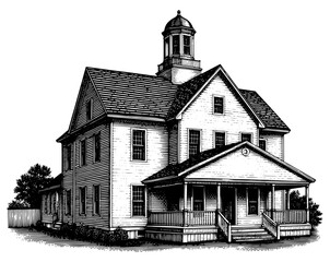 Large two-story house in an engraving style in black and white representing classic American architecture