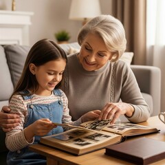 Grandmother and Granddaughter Looking at Family Album on Couch at Home