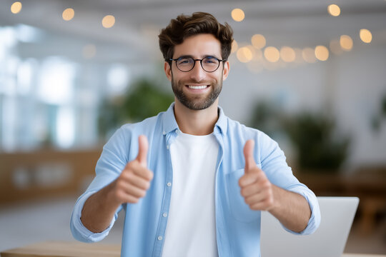 Man showcasing thumbs up while engaged in video call. Modern home office setting with soft lighting and blurred background elements. Concept of remote work, digital communication, technology