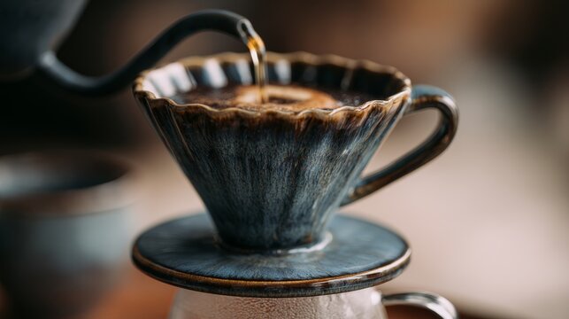 Pour-over dripper slowly brewing coffee into glass carafe