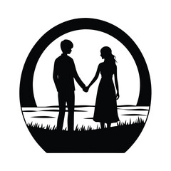 young couple holding hands silhouette at sunset