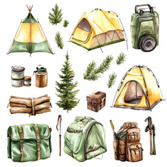 Watercolor hand-painted with camping gear tents and outdoor painting illustration isolated on a white background, stinging nettle leaf illustration, AI painting design © Zizak