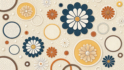 Various floral motifs and circular shapes in muted colors on textured background flower pattern