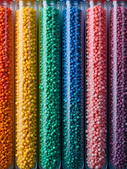 Colorful granules in test tubes, showcasing materials for manufacturing or research.
