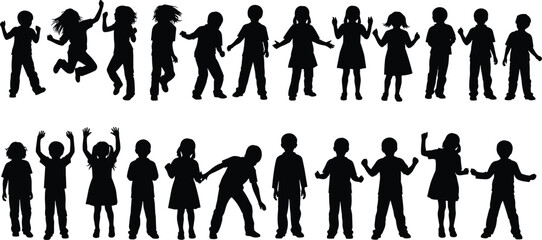 Silhouettes of playful children jumping, dancing, interacting, black white vector illustration, kid activity, group fun, energetic poses, school art