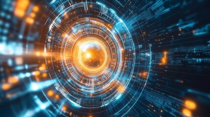 Abstract digital tunnel with glowing lines and data streams.