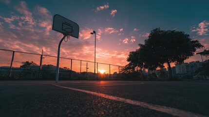 Sunset hues paint the sky over an outdoor basketball court; a hoop stands silhouetted against the vibrant colors, a lone tree nearby, cityscape in the distance