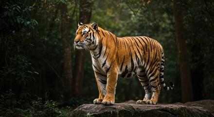 Obraz premium Tiger in Jungle Staring at Camera – Fierce and Natural Wildlife Environment