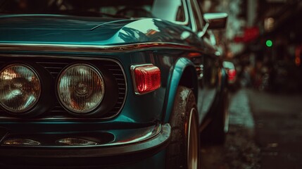 Teal classic car's front end, close-up, parked on a city street at night.  Reflective headlights and orange side marker are visible