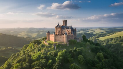 Majestic medieval castle perched atop a lush green hill at sunset