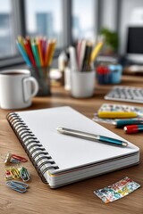 Open notebook surrounded by colorful stationery items on a wooden desk