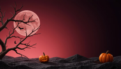 Spooky Halloween: A chilling Halloween scene featuring a gnarled tree, a glowing moon, and two carved pumpkins against a dark, atmospheric background, evokes the spirit of autumn and All Hallows' Eve.
