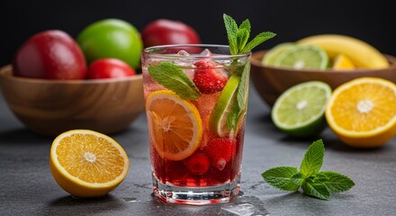 Fototapeta premium Chilled fruit drink with sliced fruits and mint leaves on kitchen counter with condensation