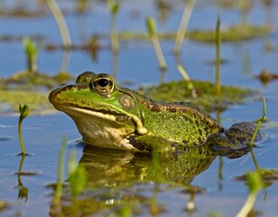 A green frog sits in a pond
