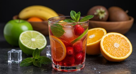 Chilled fruit drink with sliced fruits and mint leaves on kitchen counter with condensation