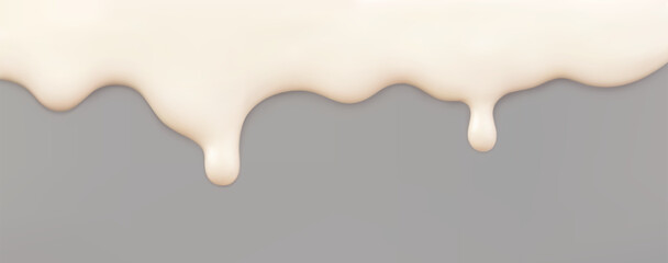 White soft liquid texture cream isolated on a gray background. Realistic melting ice cream border, lotion, yoghurt or dripping vanilla glaze, condensed milk, nail polish, slime, or icing. 3D vector