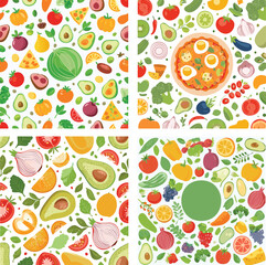 A vibrant set of four seamless food patterns with illustrated fresh fruits, vegetables, and ingredients.