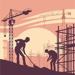 Fototapeta premium Construction Site Workers with Tower Cranes at Sunset – Industrial Vector Illustration